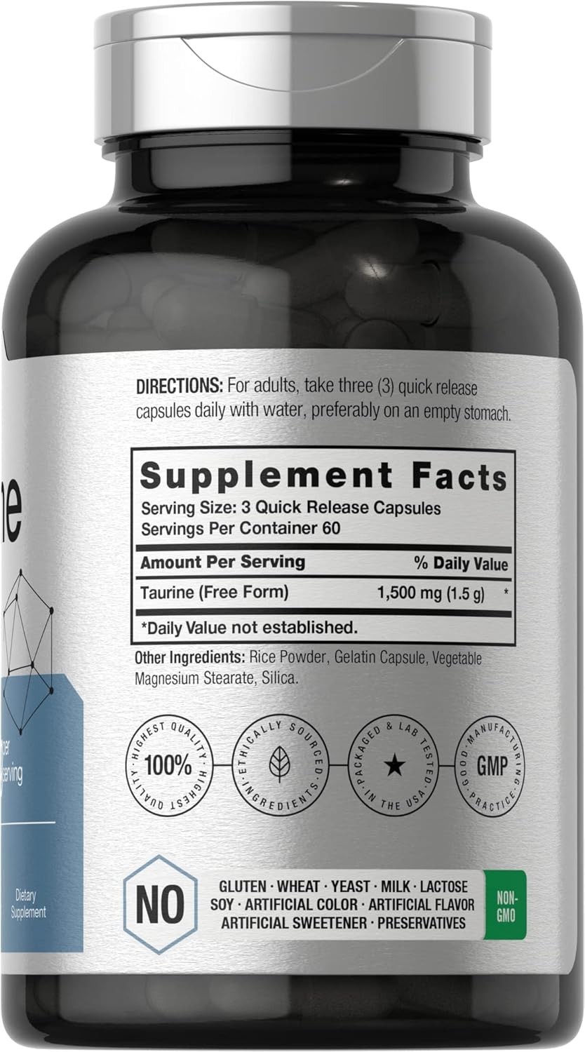 Suplemento Taurina 1500 mg 180 Cápsulas 60 Porciones | Aminoácido en Forma Libre