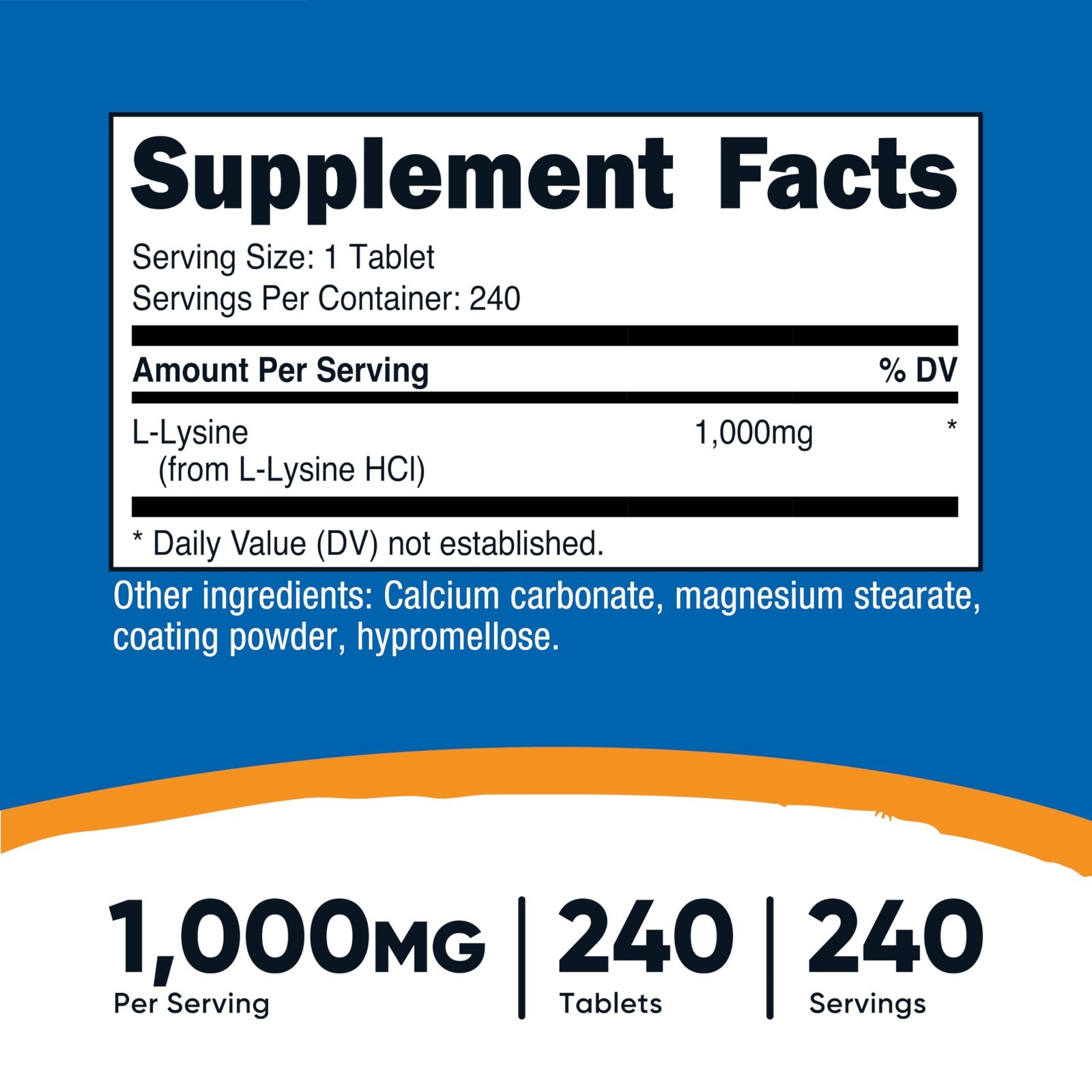 L-Lysine 1000mg – 240 Tablets, Gluten Free, Non-GMO, Vegetarian Supplement