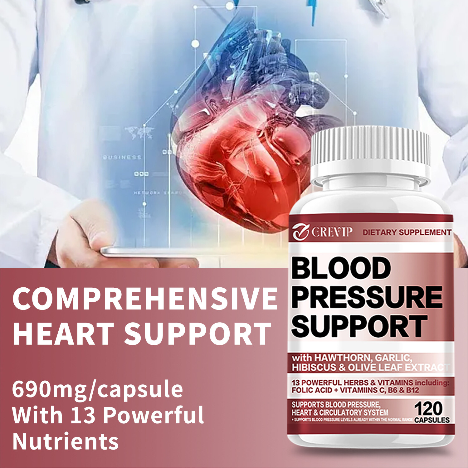 120pcs Blood Pressure Support-Hawthorn,Hibiscus,Olive Leaf-Cardiovascular Health