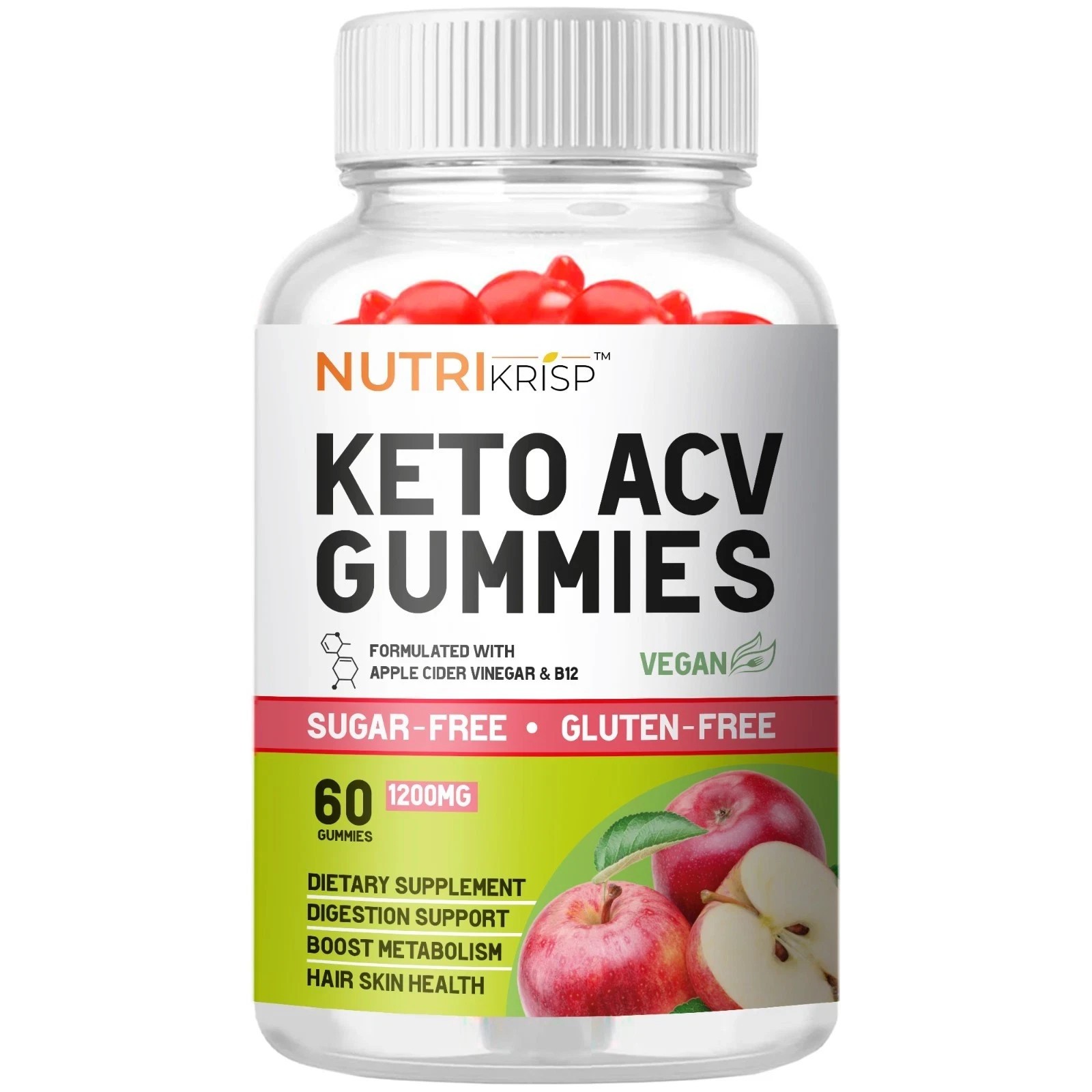 Nutrikrisp Keto ACV Gummies, 1200 mg, 60 Count, Sugar-free, Gluten-free