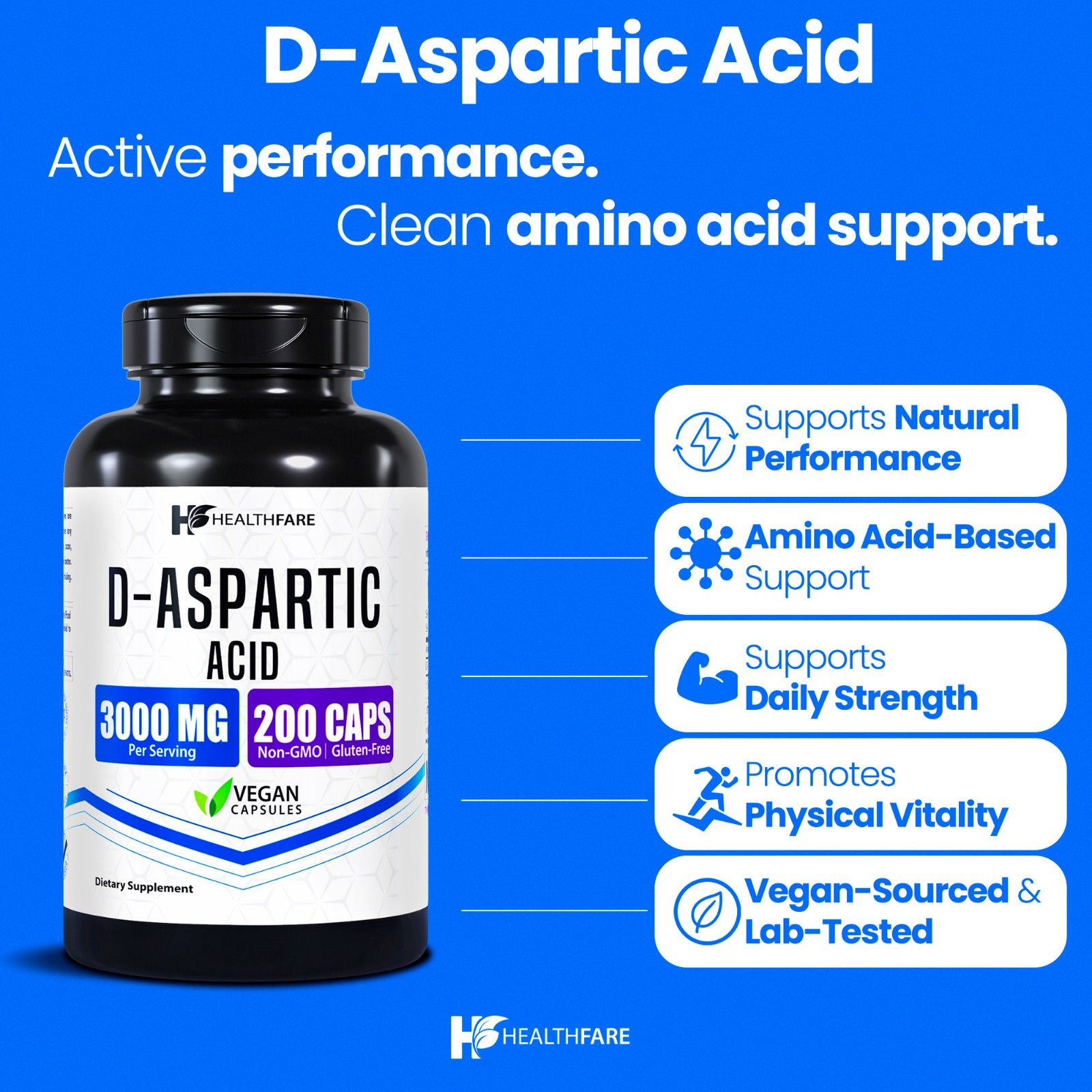 D-Aspartic Acid (DAA) 3000mg 200 Capsules DAA Premium Amino Acid HealthFare