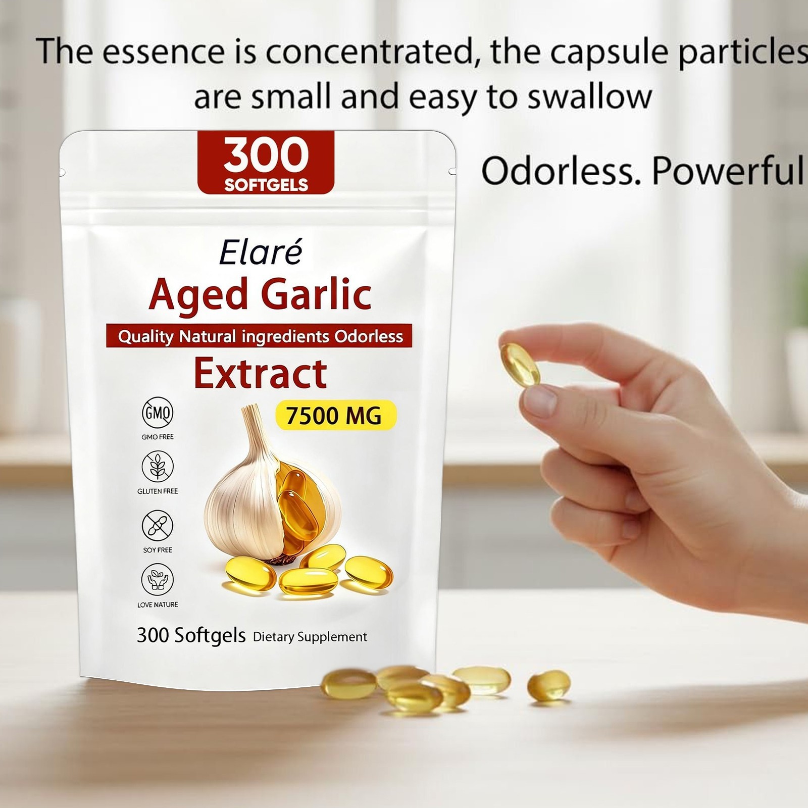 2X Elare Aged Garlic Extract, 300 Softgels, 7500mg Odorless | Heart & Immune
