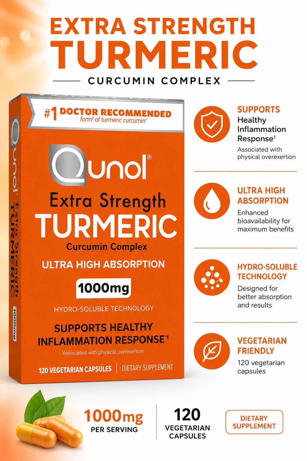 2 PACK – Qunol Tumeric Curcumin with Ultra High Absorption 1000mg, 120ct Each
