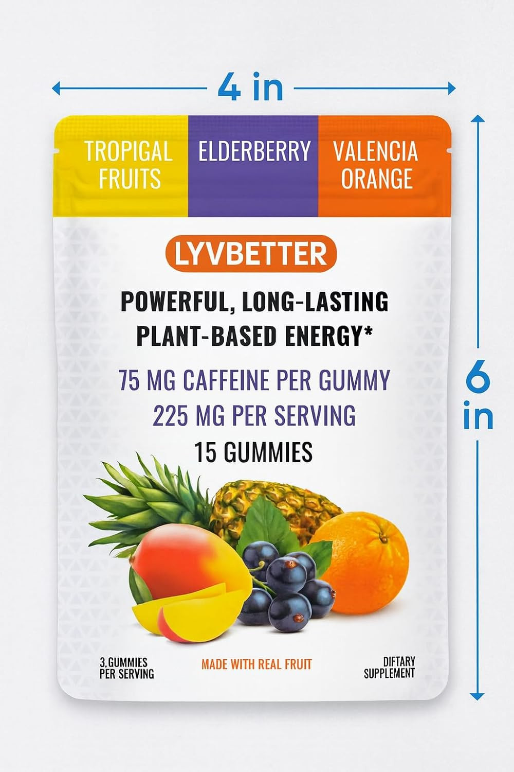 Energy Gummies – Lyvbetter – in 3 Different Flavors – 75mg Caffeine per Gummy, 3