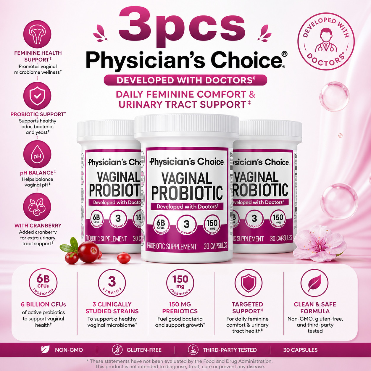 3PACK Physician’s Choice Vaginal Probiotic for Women-Support Vaginal PH Balance