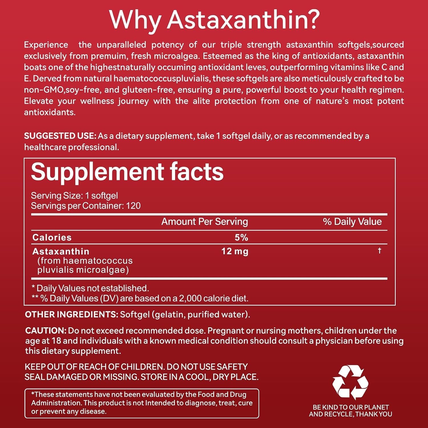Astaxanthin 12mg, 120 Softgels, Astaxanthin Antioxidant Supplements with Ant…
