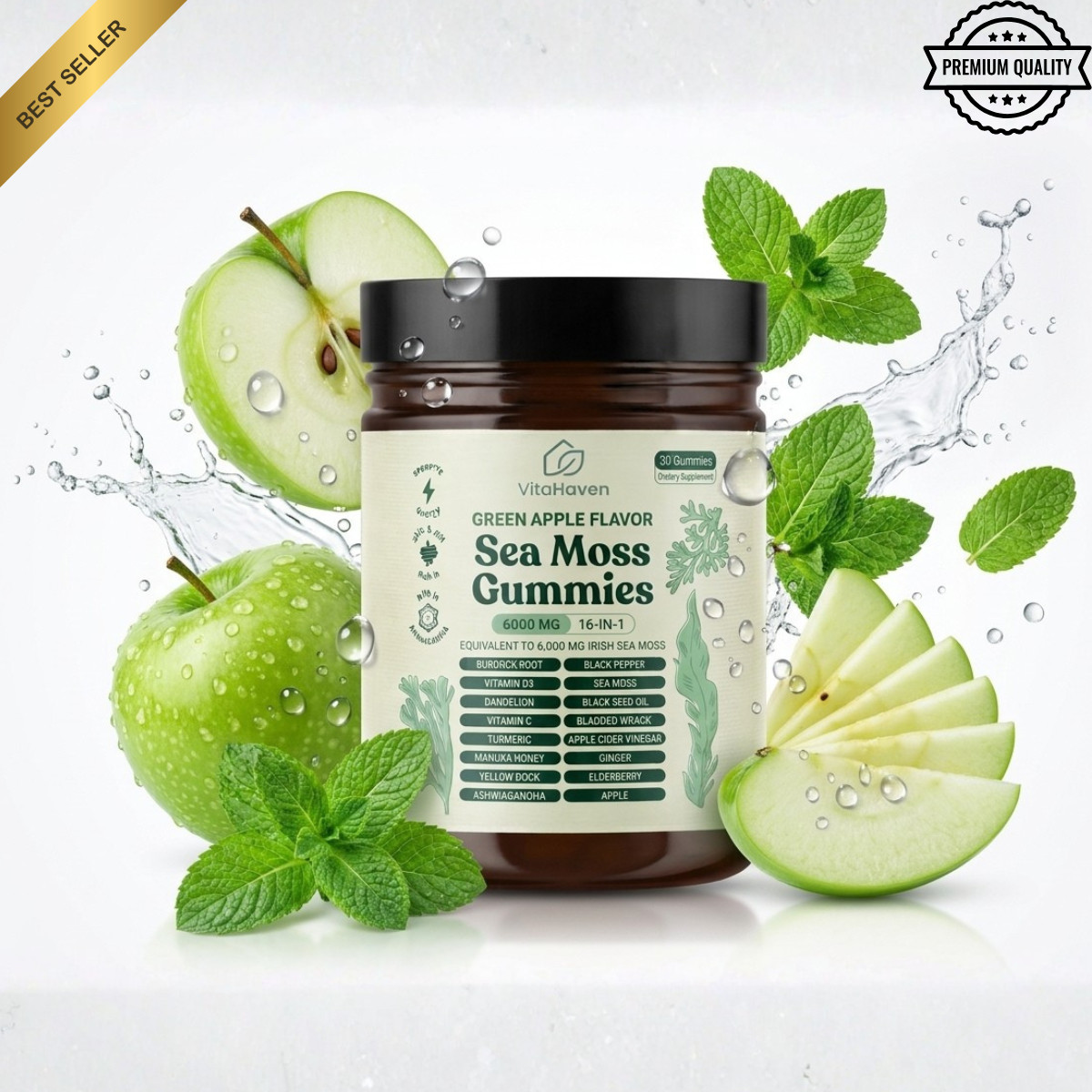 16 IN 1 Organic Sea Moss Gummy Irishmoss Extract 6000Mg | Green Apple Flavor US