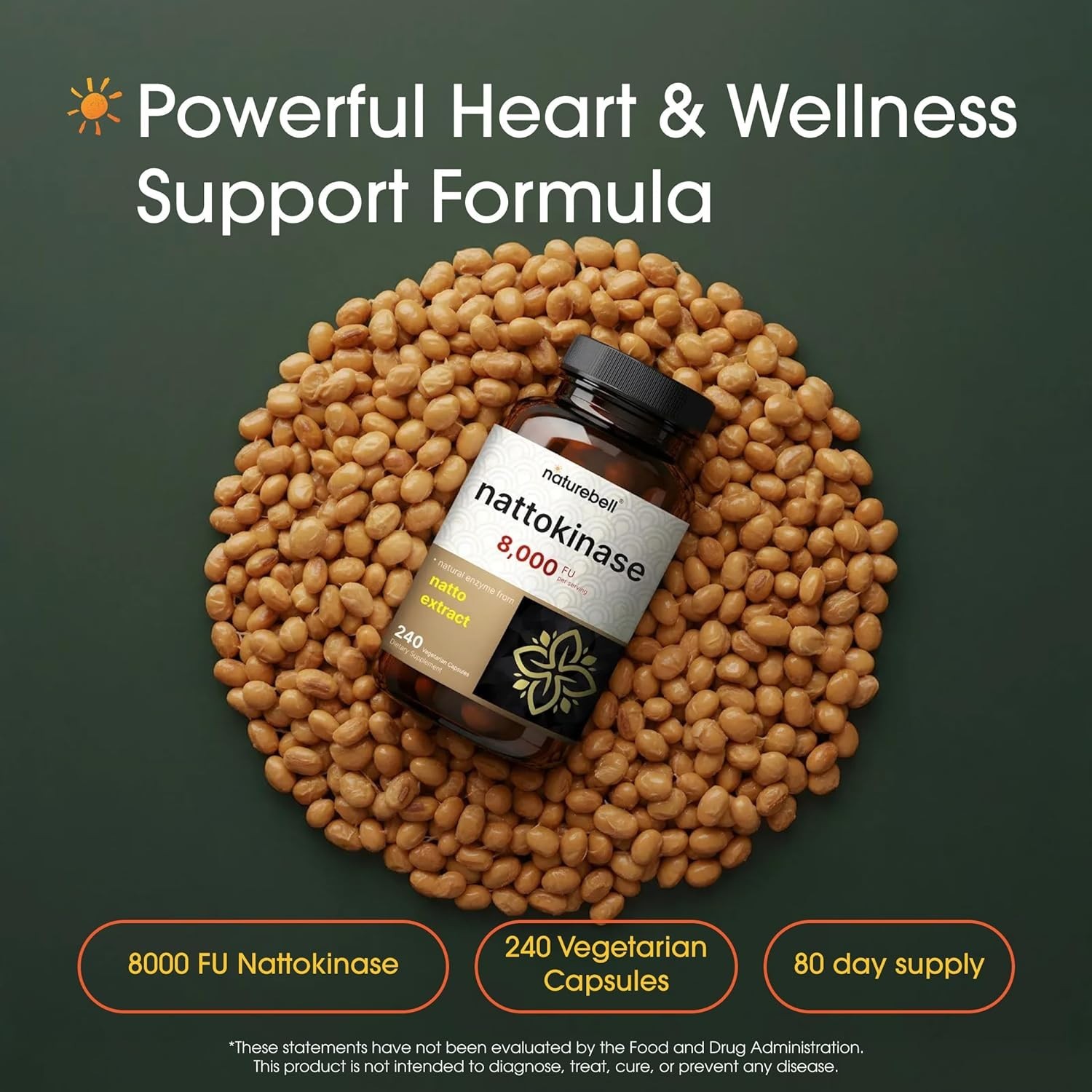 Nattokinase Supplement 8000 FU Per Serving 240 Veggie Capsules