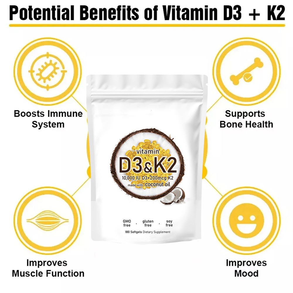 1 in 2 Vitamin D3 K2 Supplement Softgels 180 capsules 10000 IU VIT D3+K2 200 MCG