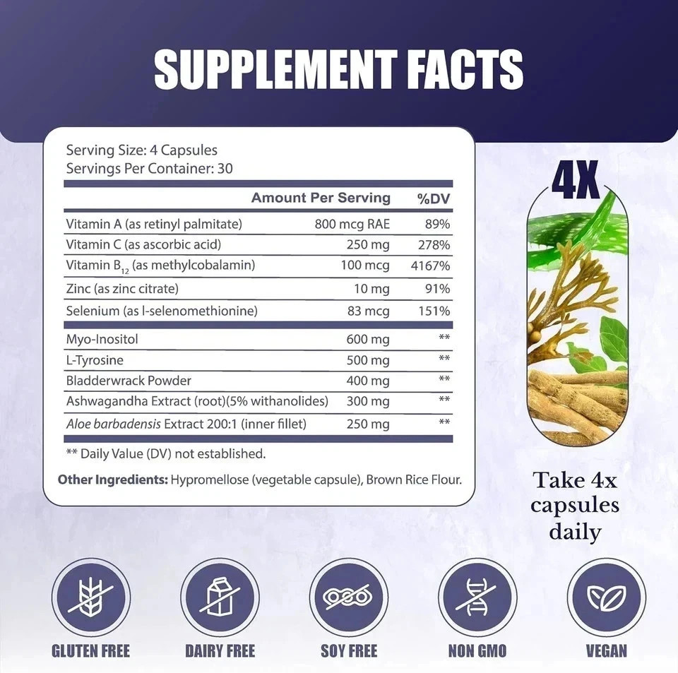 Thyroid Supplement with Selenium Bladderwrack & Zinc 60 Capsules Free Ship