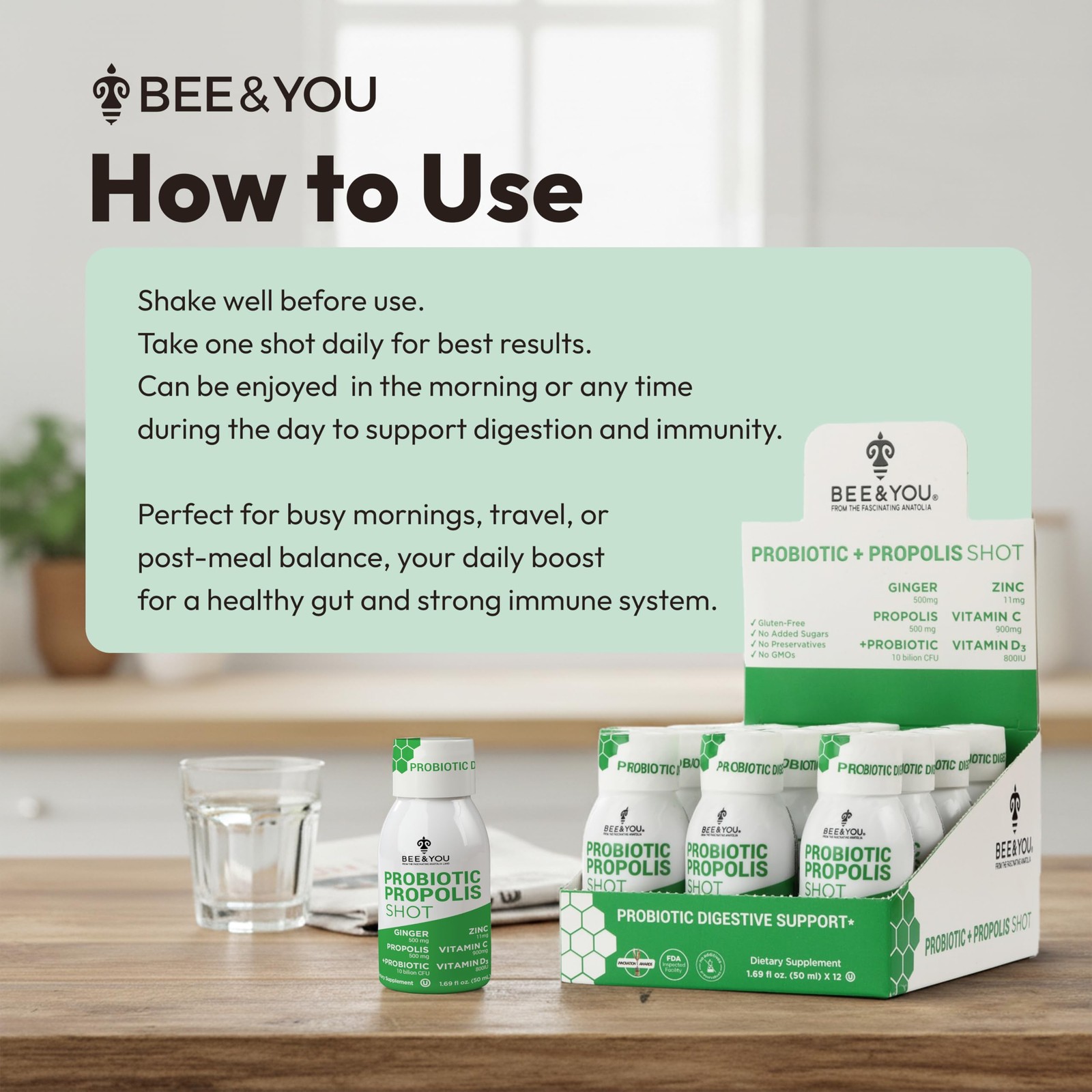 Bee and You Propolis Immune Shot, Probiotic, Vitamin 0.14 Fl Oz (Pack of 12)