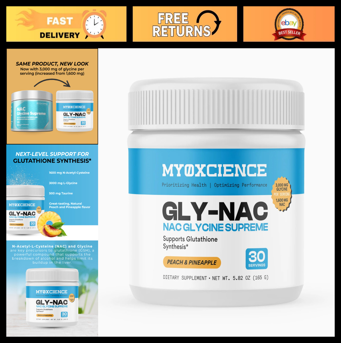 N-Acetyl-L-Cysteine & Glycine Supplement | Taurine Blend, Peach Pineapple Flavor
