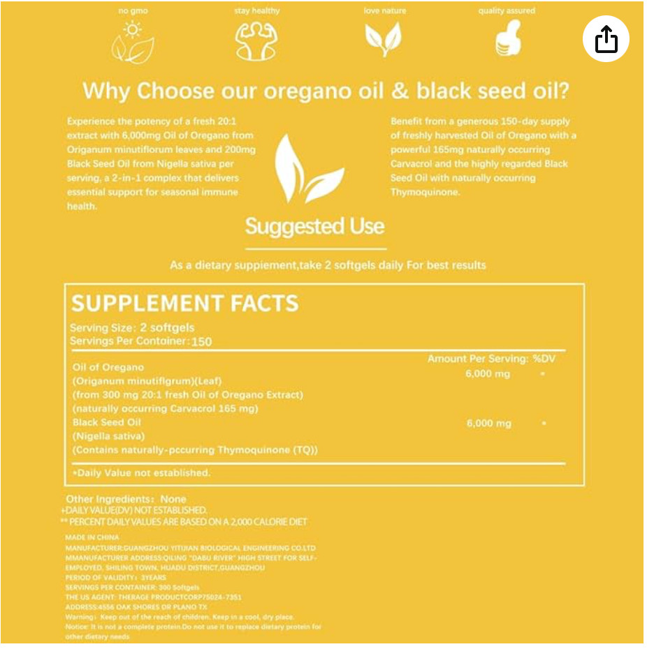Oregano Softgels, Oregano Oil with Black Seed Oil Promotes Seasonal Immune Healt