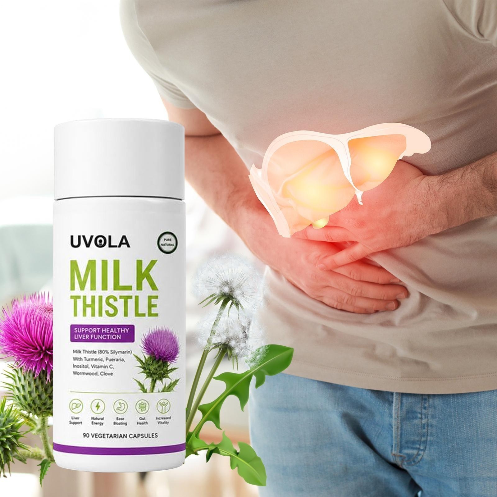 2x Uvola Milk Thistle Supplement, 80% Silymarin Liver Support Formula, 90Ct