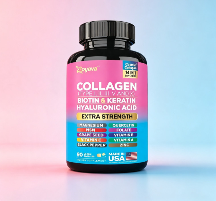 Zoyava 14 in 1 Multi Collagen Capsules, Biotin Keratin Hyaluronic Acid, 90 Capsu
