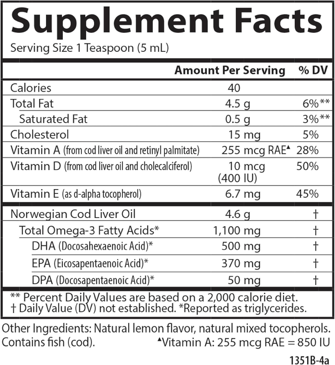 Lemon-Flavored Cod Liver Oil – 250ml, 1100 mg Omega-3s for Heart & Brain Health