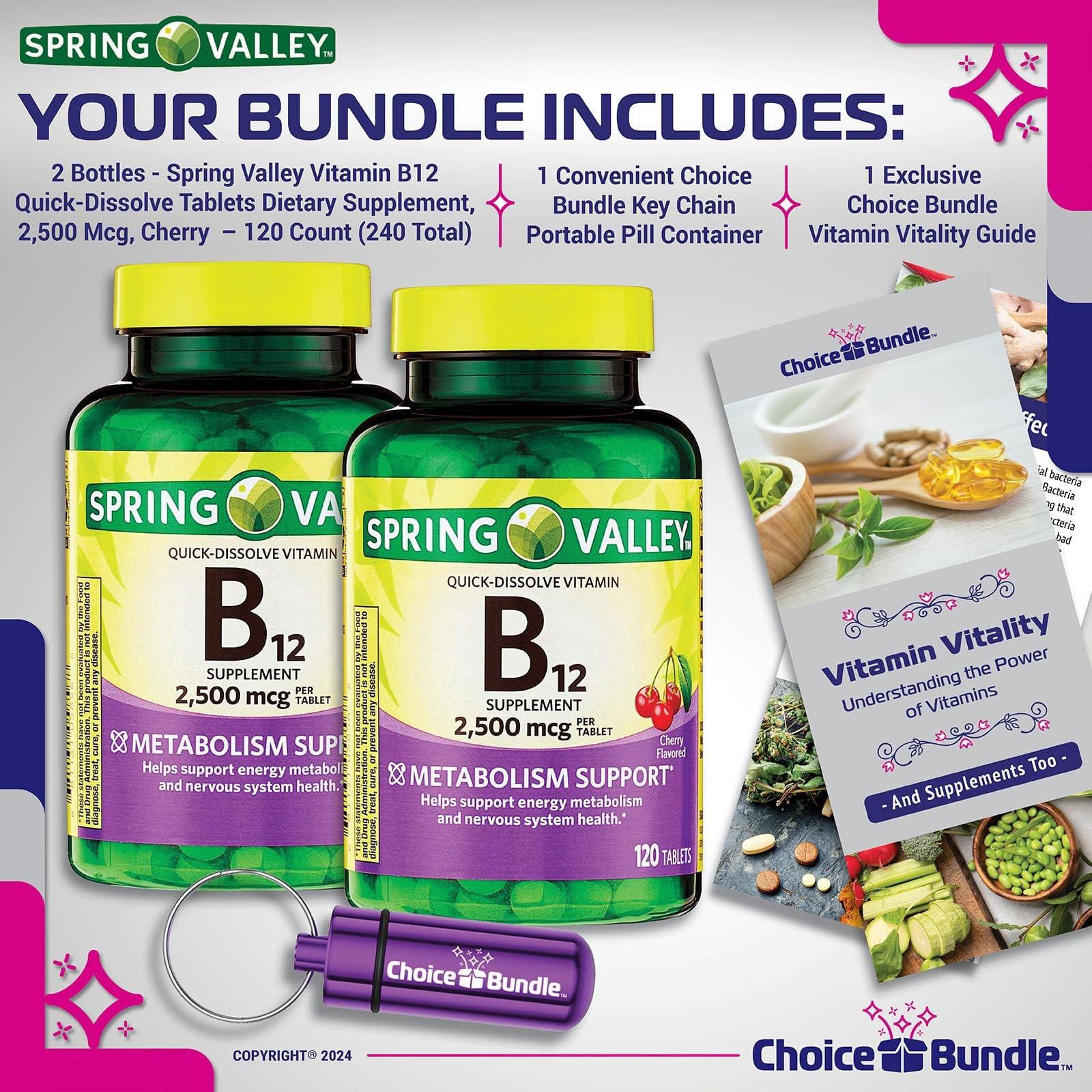 Spring Valley Vit B12 2500mcg Quick Dissolve 2Pk (240ct) + Vitality Guide & Case
