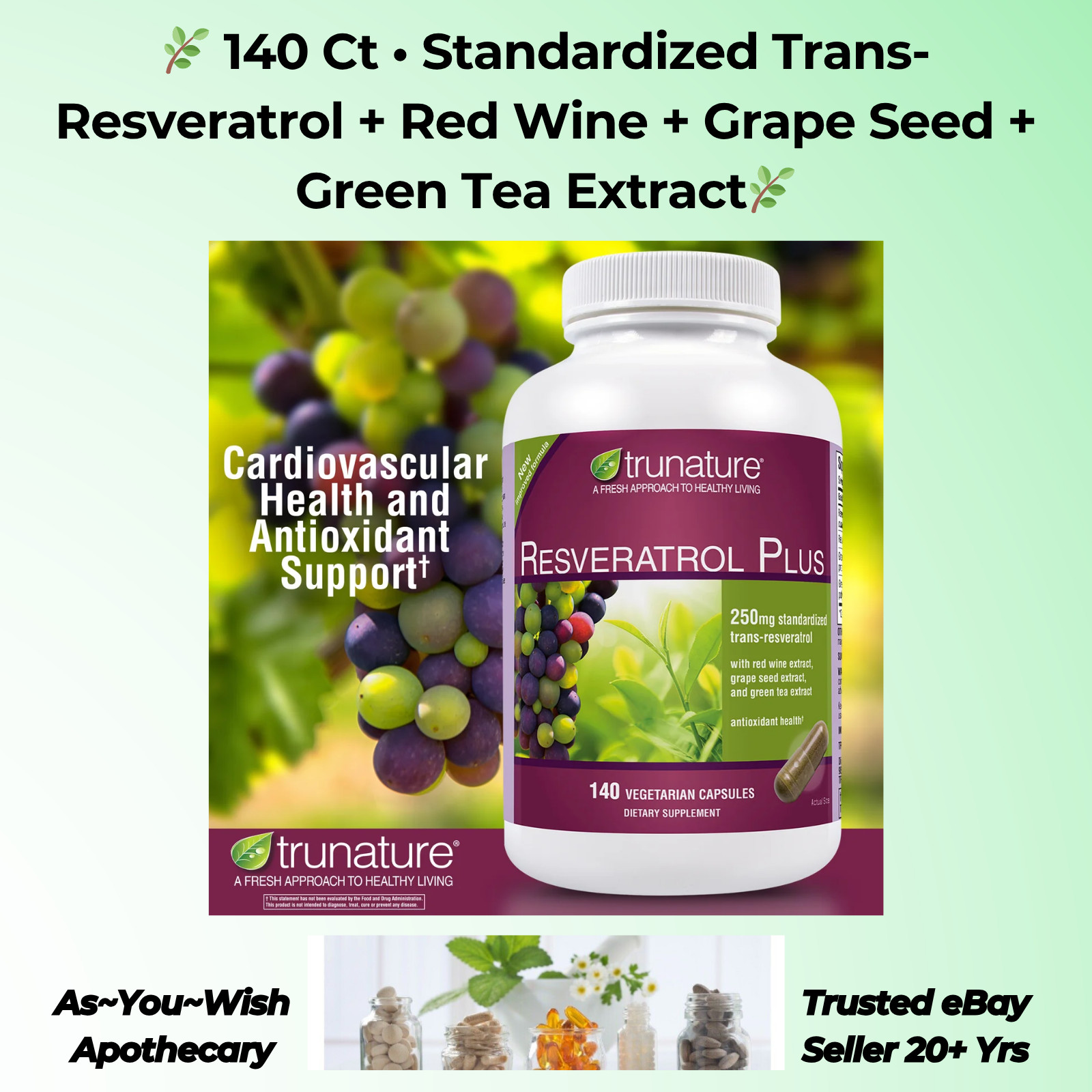TruNature Resveratrol Plus 140 Ct. Standardized Trans-Resveratrol 250mg Exp 8/26
