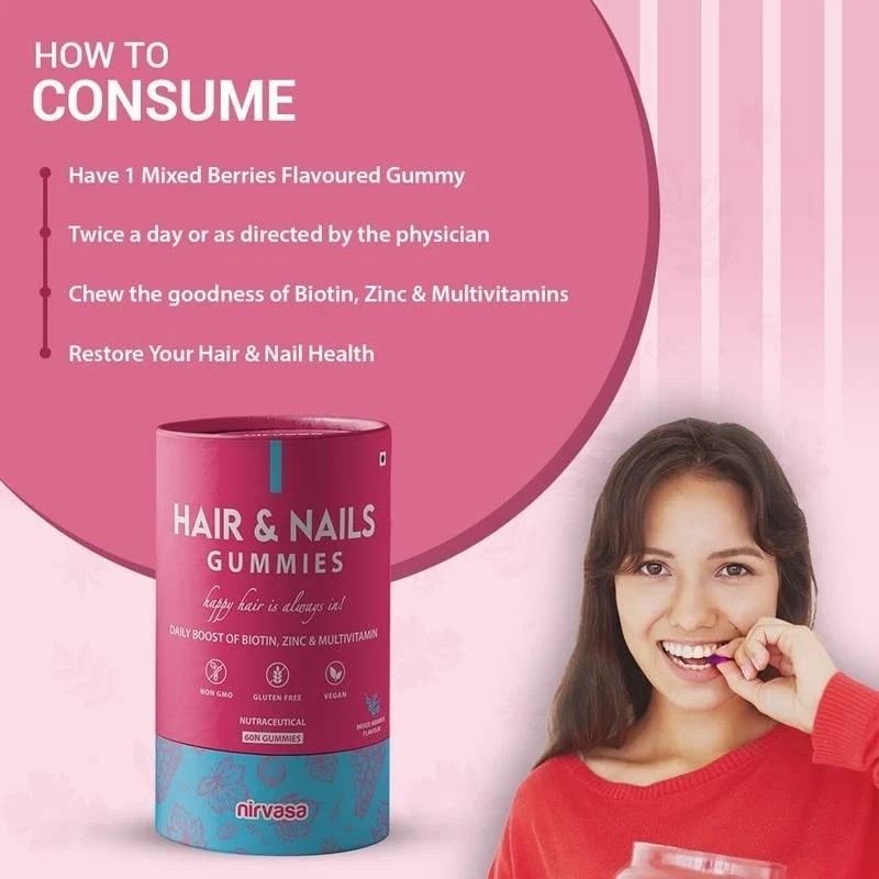 Nirvasa Hair & Nail Gummies with Biotin Helps Keep Hair, Nail, Skin Healthy