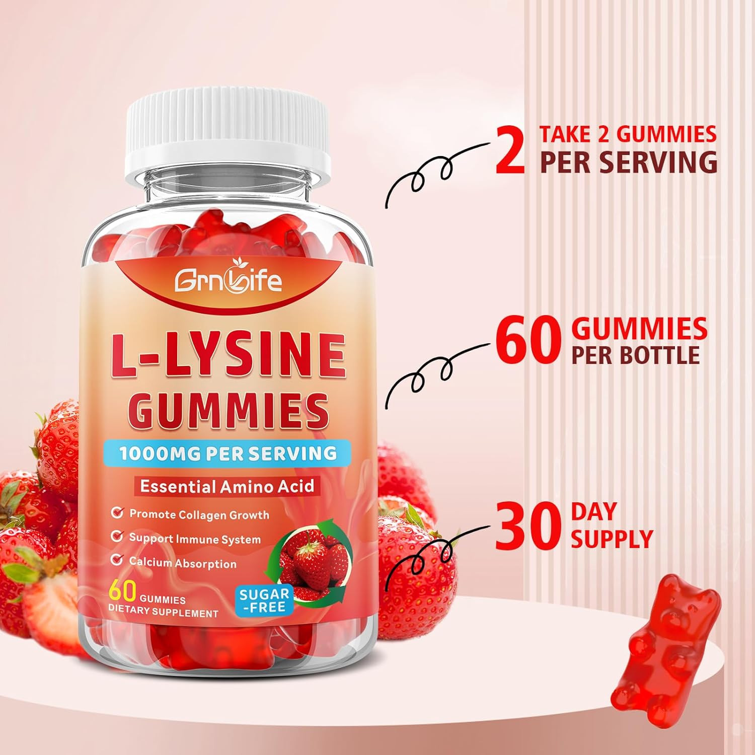 L-Lysine 1000mg Gummies Immune Support Strawberry 120 Count