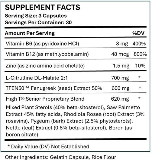 High T Senior+ Testosterone Booster Supplement, 90 Capsules