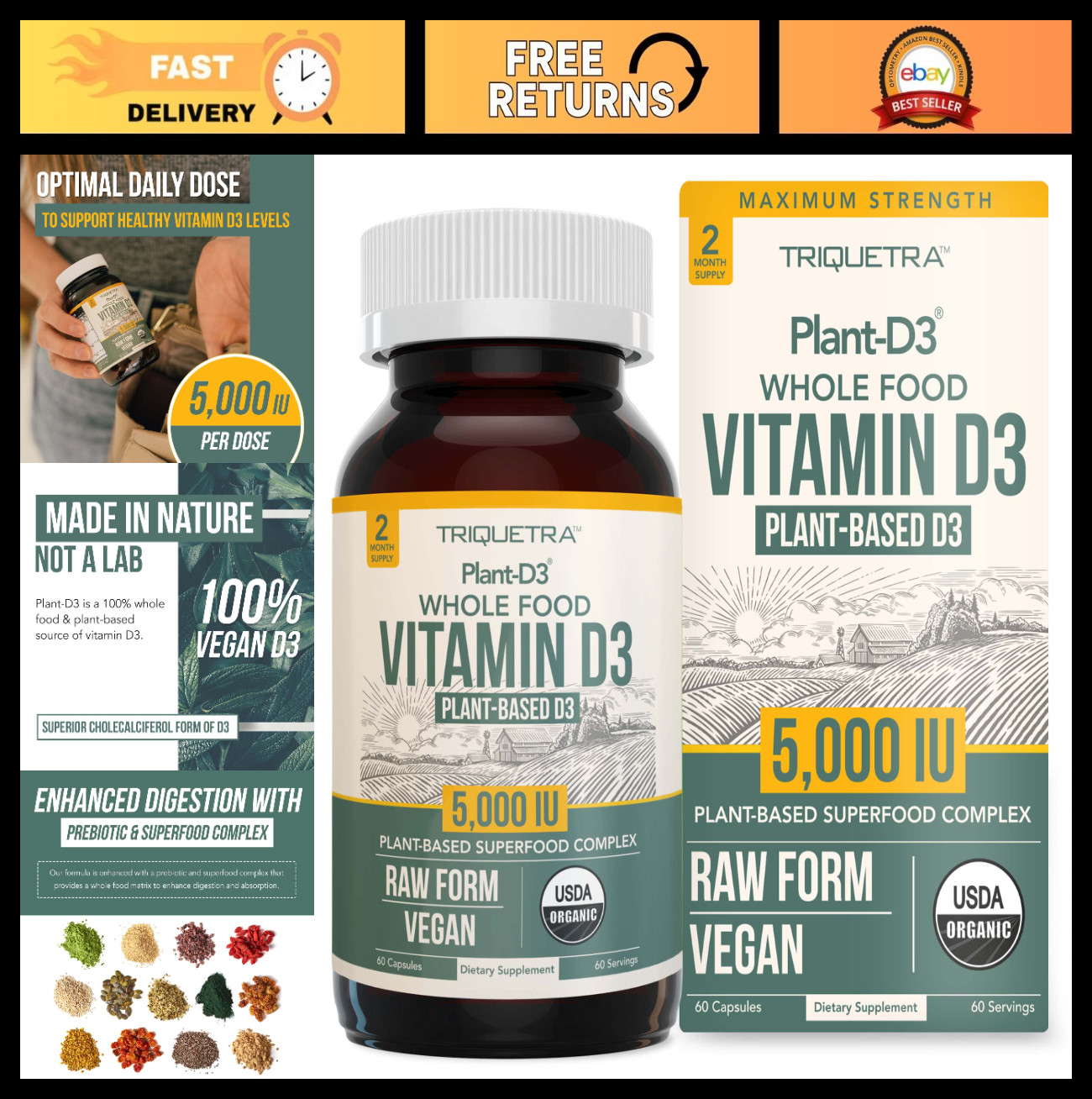 Organic Vitamin D3 5000 IU – Vegan, Whole Food, Prebiotic & Superfood Complex, 6