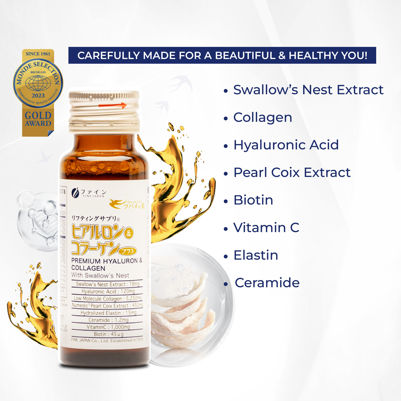 FINE JAPAN Liquid Collagen Supplement with Swallows Nest Best Collagen [3 Boxes]