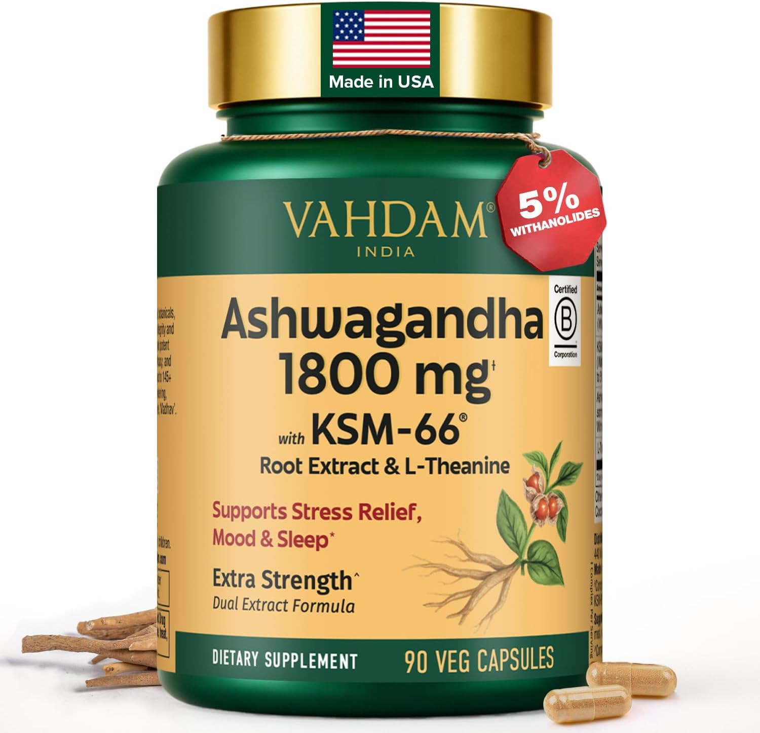 VAHDAM Ashwagandha Supplement 1800mg with Ashwagandha Root Extract and L-Theanin