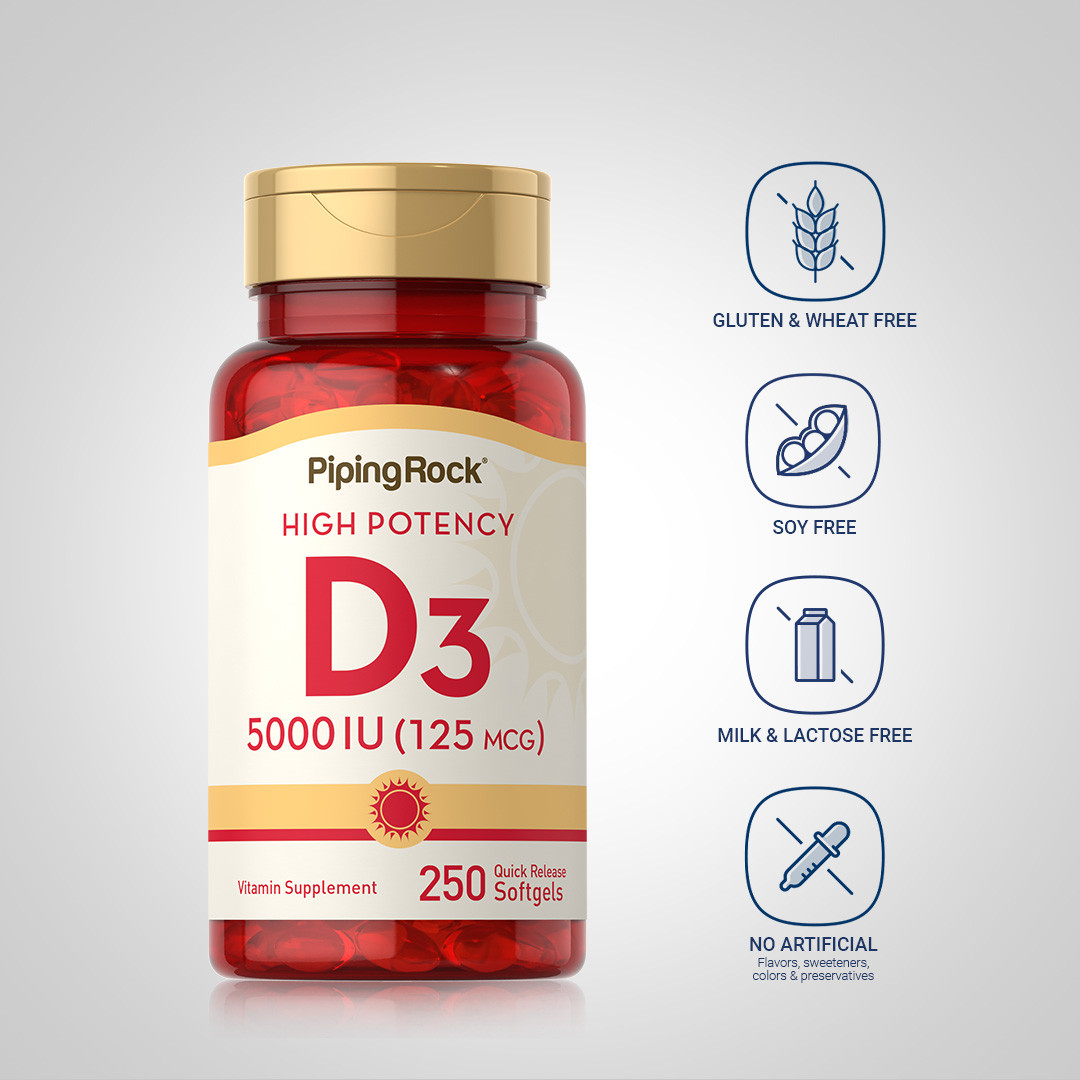 Vitamin D3 5000iu Softgels | 250 Count | High Potency | Non-GMO | by Piping Rock
