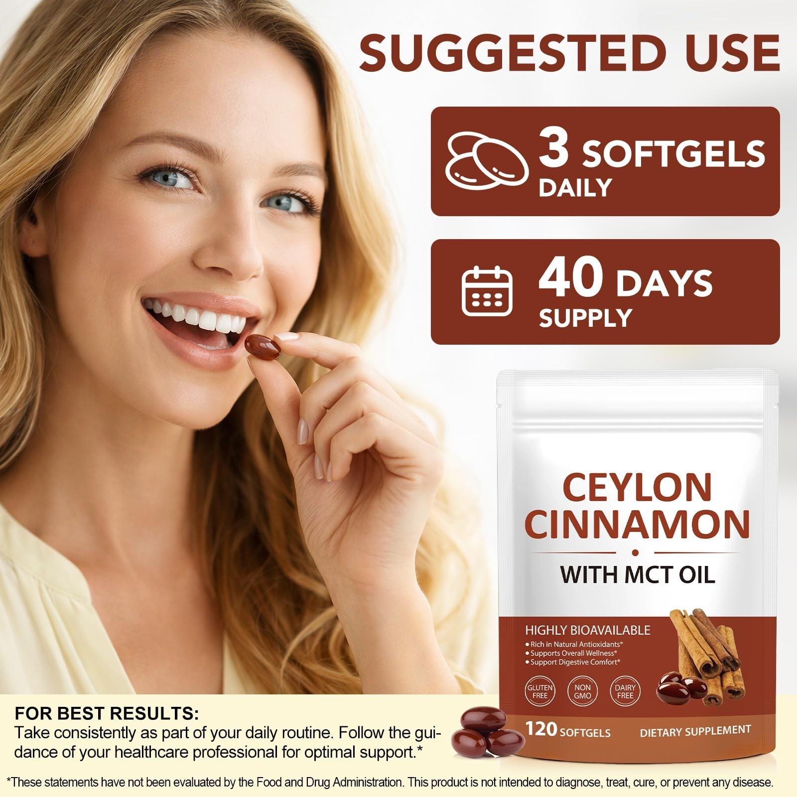 Ceylon Cinnamon Softgels with MCT Oil – Non-GMO, Gluten-Free, 120 Count, Dietary