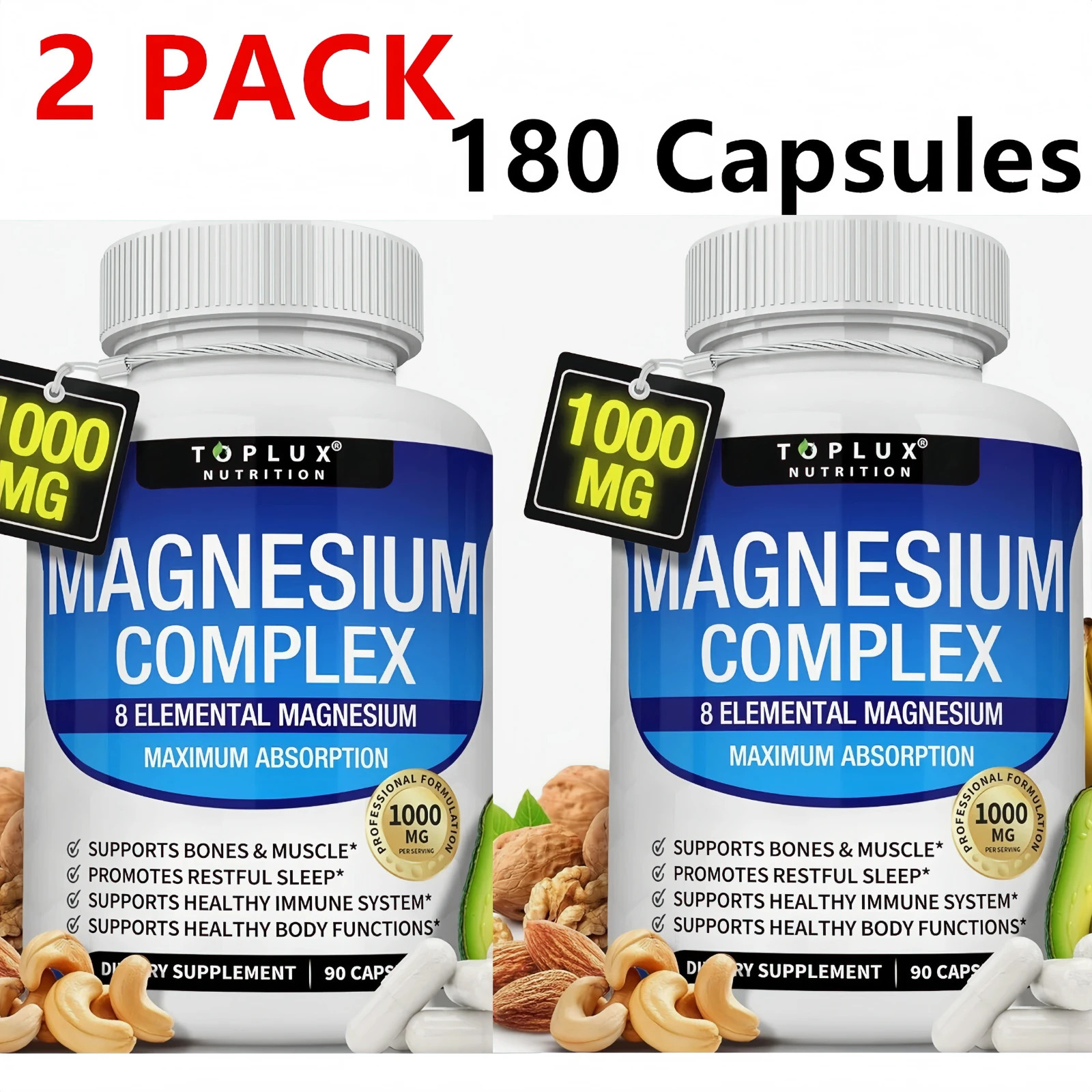 2Pack Magnesium complex supplement: 1000mg of 8-element magnesium, 180 capsules