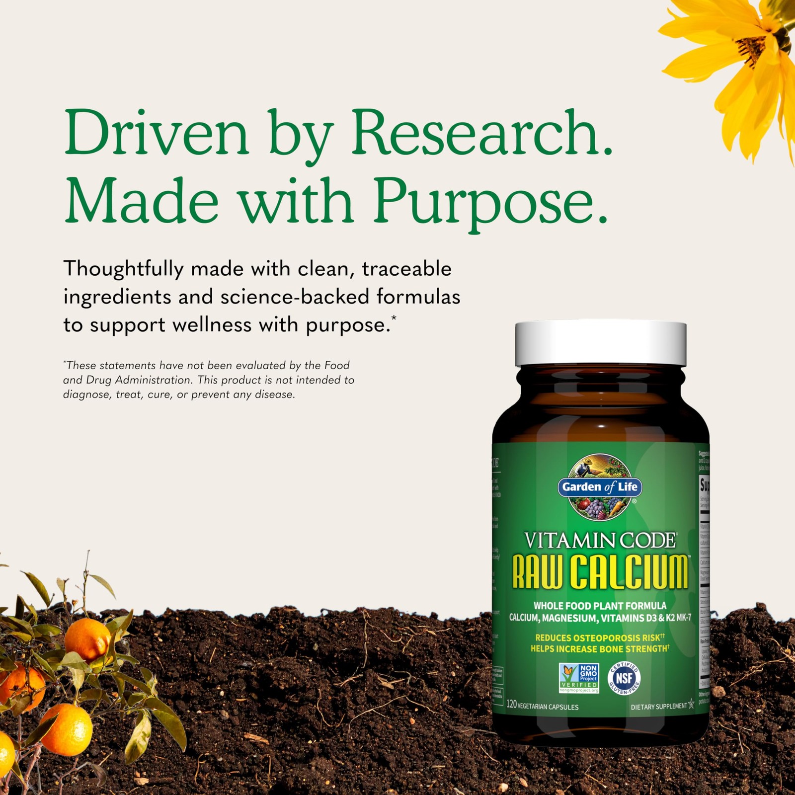 Garden of Life Raw Calcium Supplement w/ Magnesium K2 D3 C Probiotics 120 Caps
