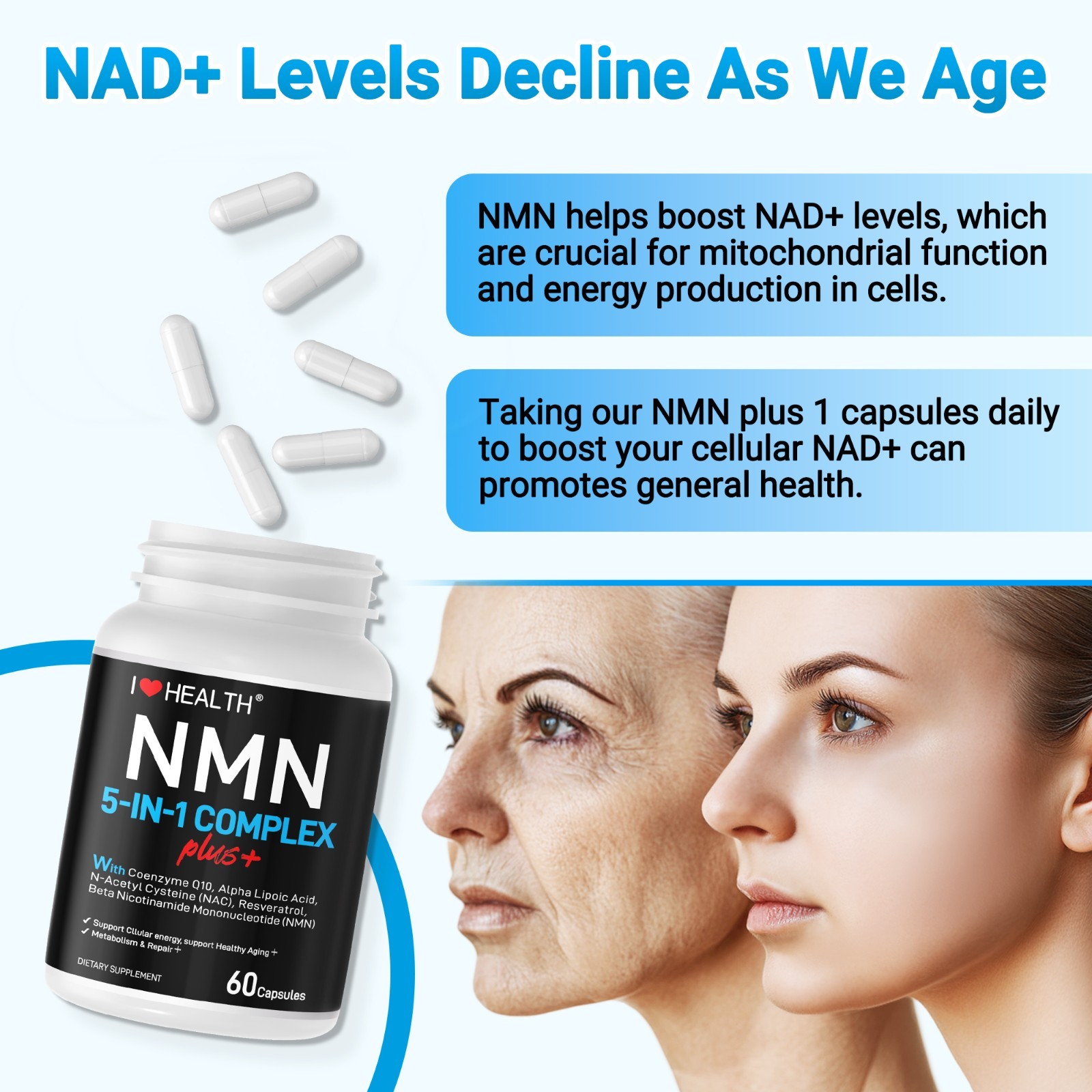 NMN Capsules Energy Booster BOOSTIS NAD Level Healthy Aging Supplement 60 Caps