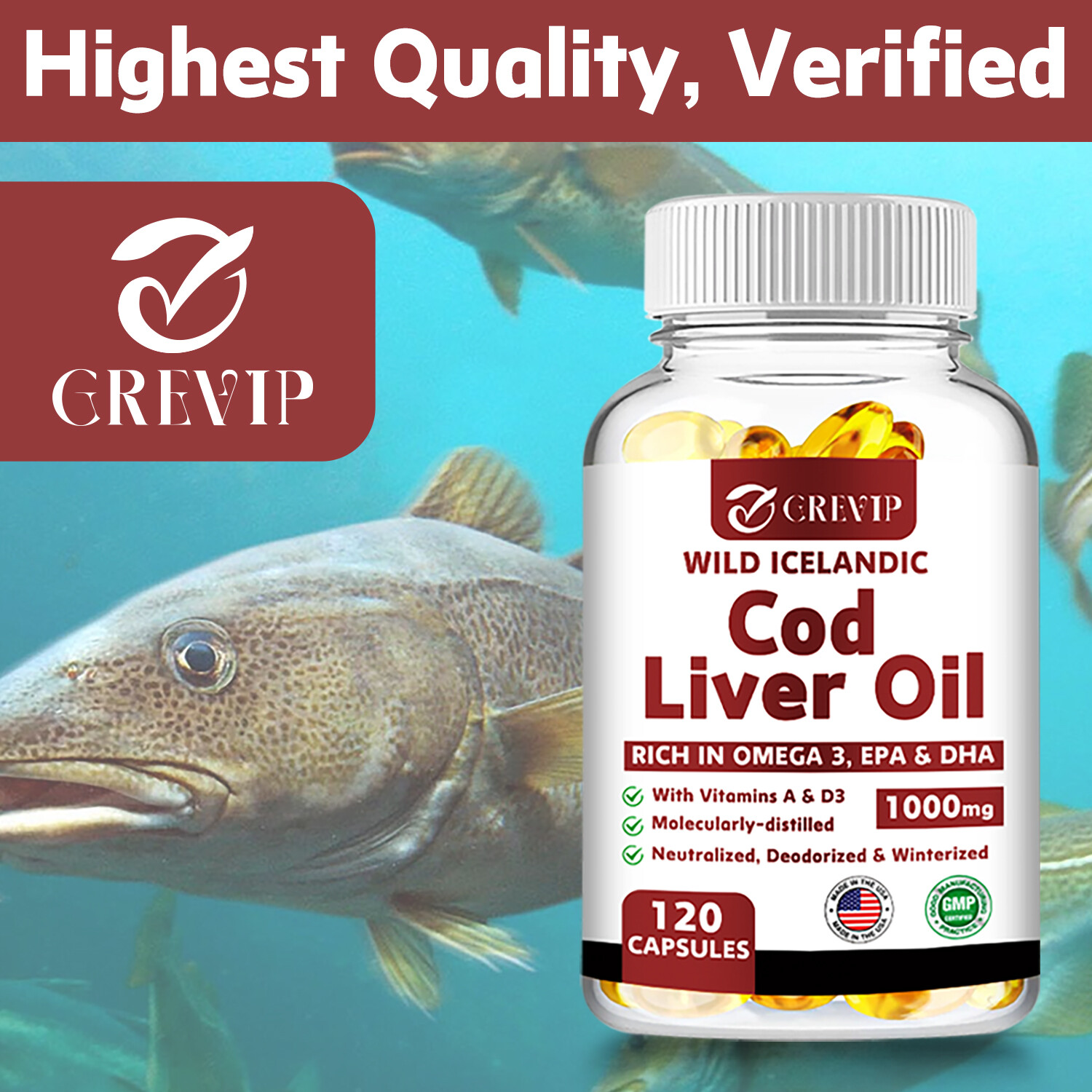 Wild Icelandic Cod Liver Oil Capsules 1000mg – Omega-3 EPA, DHA , Vitamin A & D3