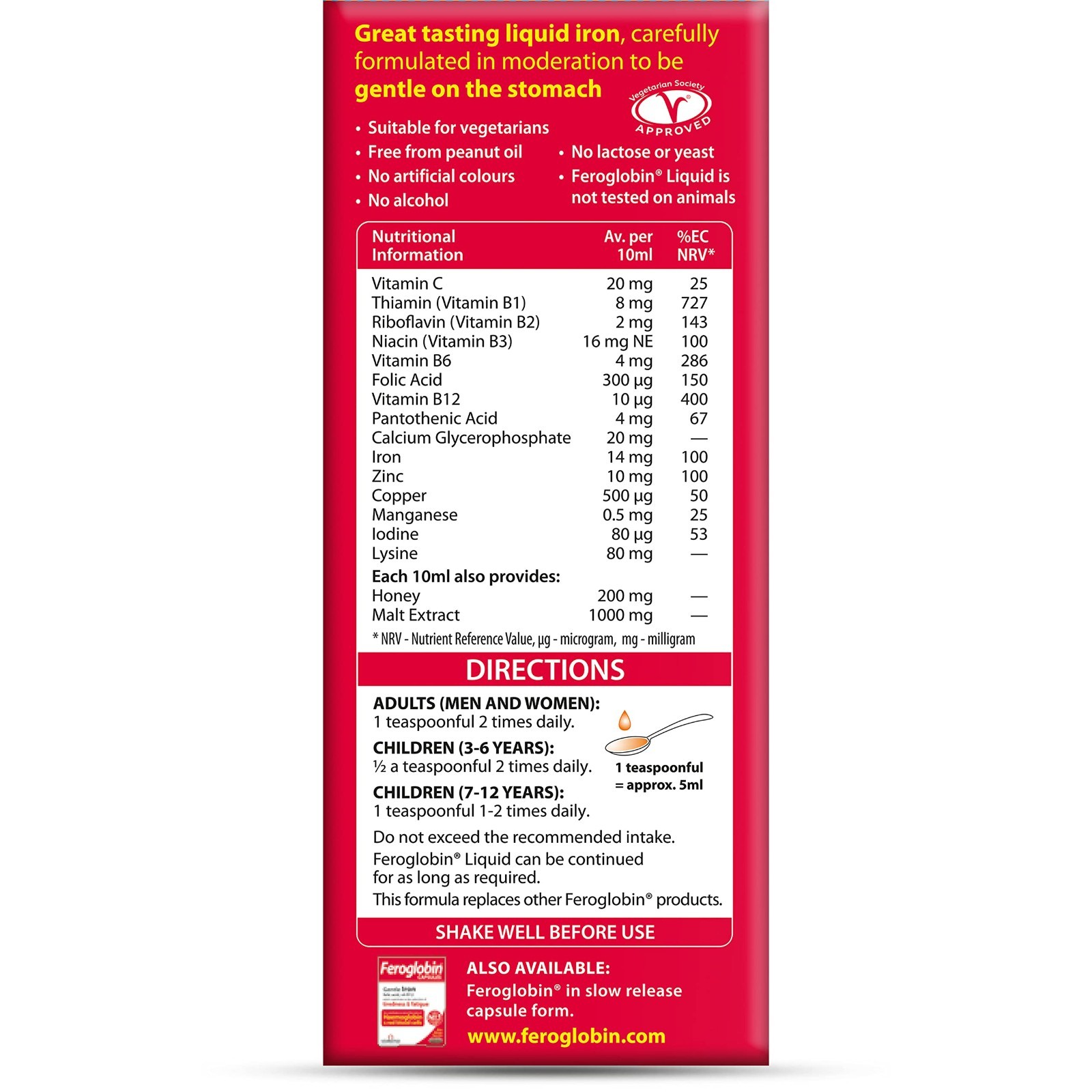 Organic Feroglobin Liquid 500ml – Iron Supplement, Energy Boost, Vegan-Friendly