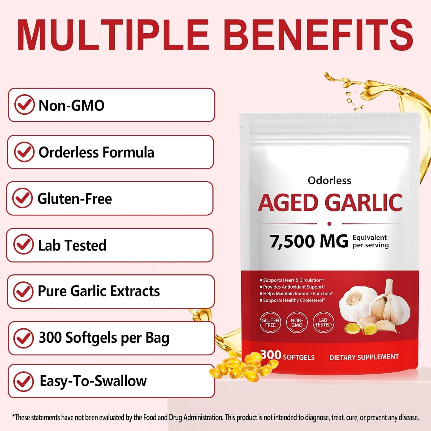Odorless Garlic 7500Mg per Servings, 300 Softgels | 2 Years Aged Garlic Extra…