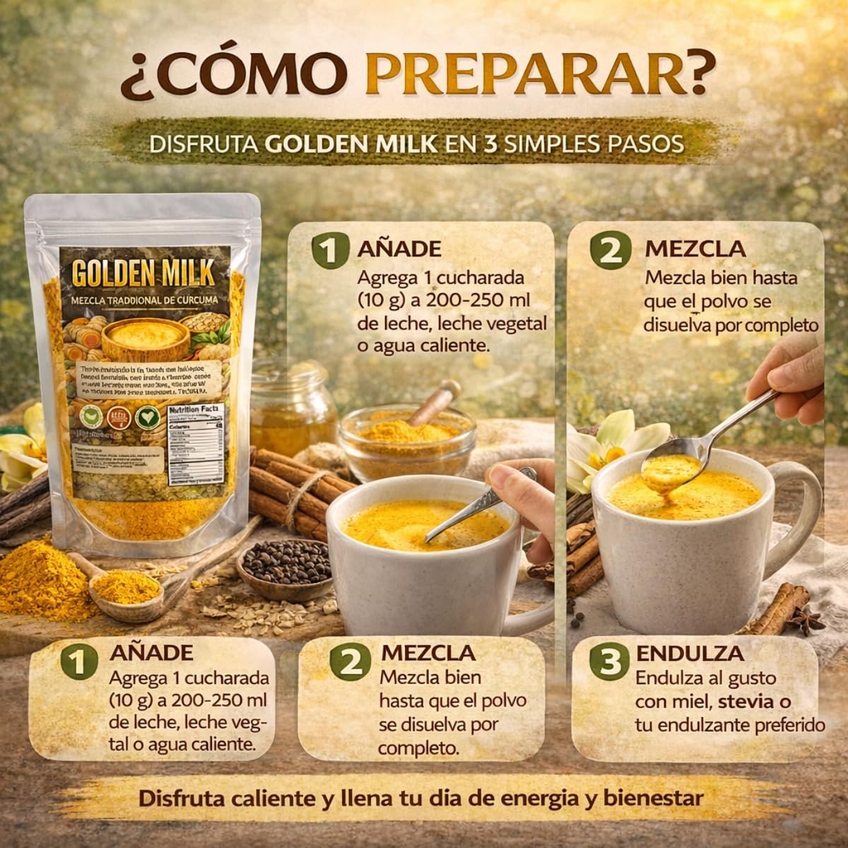 Golden Milk Turmeric Latte Mix 4oz (Leche Dorada) Herbal w/ Turmeric, Ginger