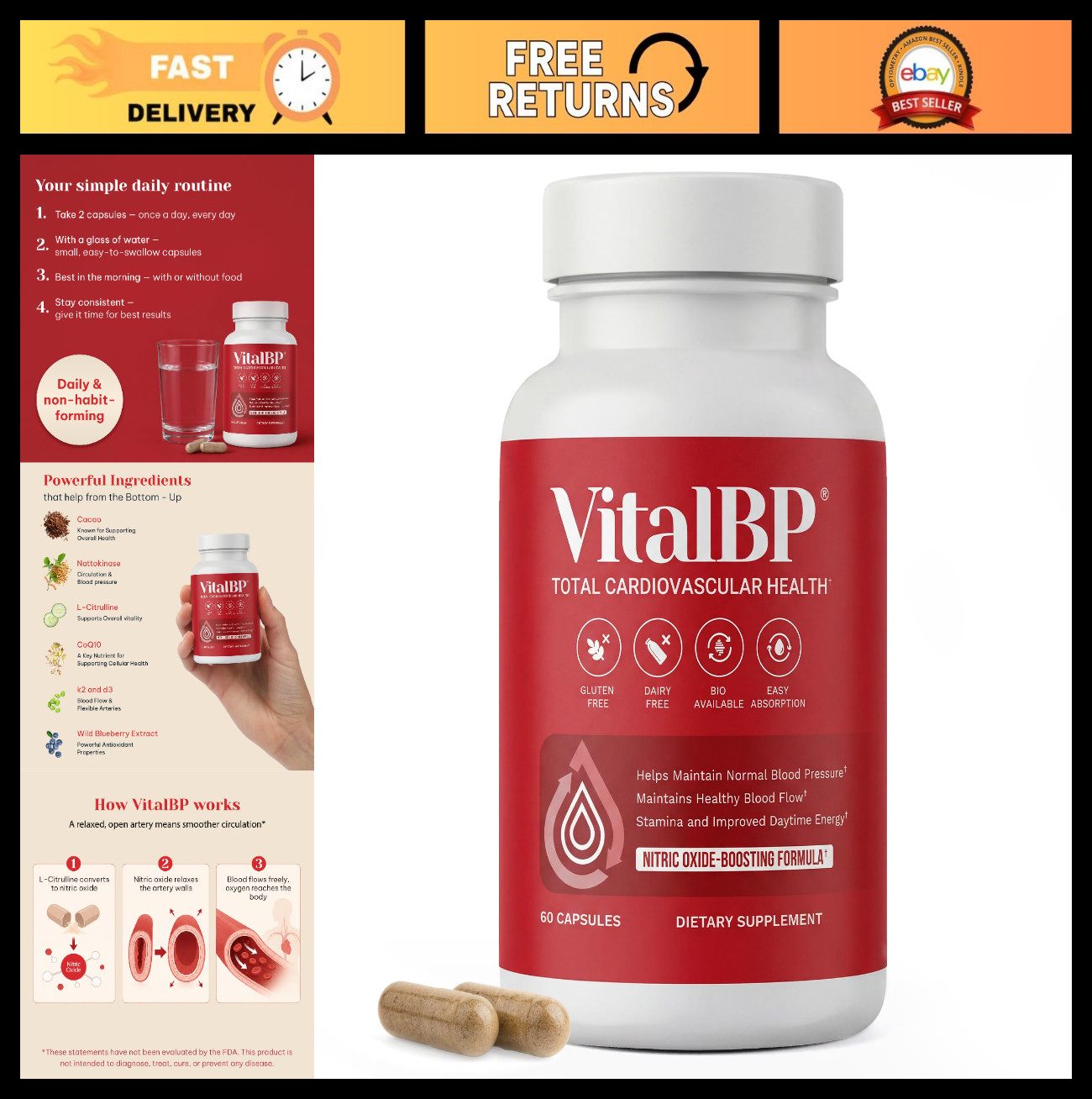 Blood Pressure Support Supplement with CoQ10, K2, D3 & L-Citrulline – 60 Caps