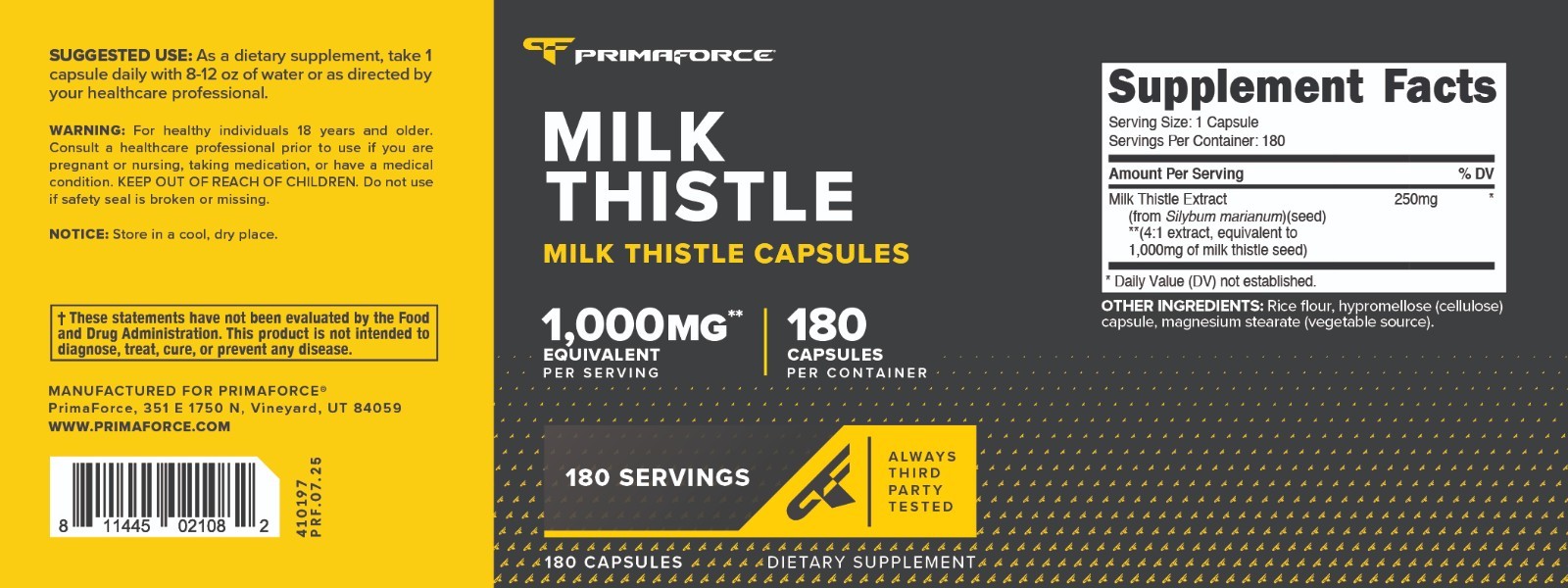 Primaforce Milk Thistle 180 Capsules 1000mg Equivalent – 4:1 Extract