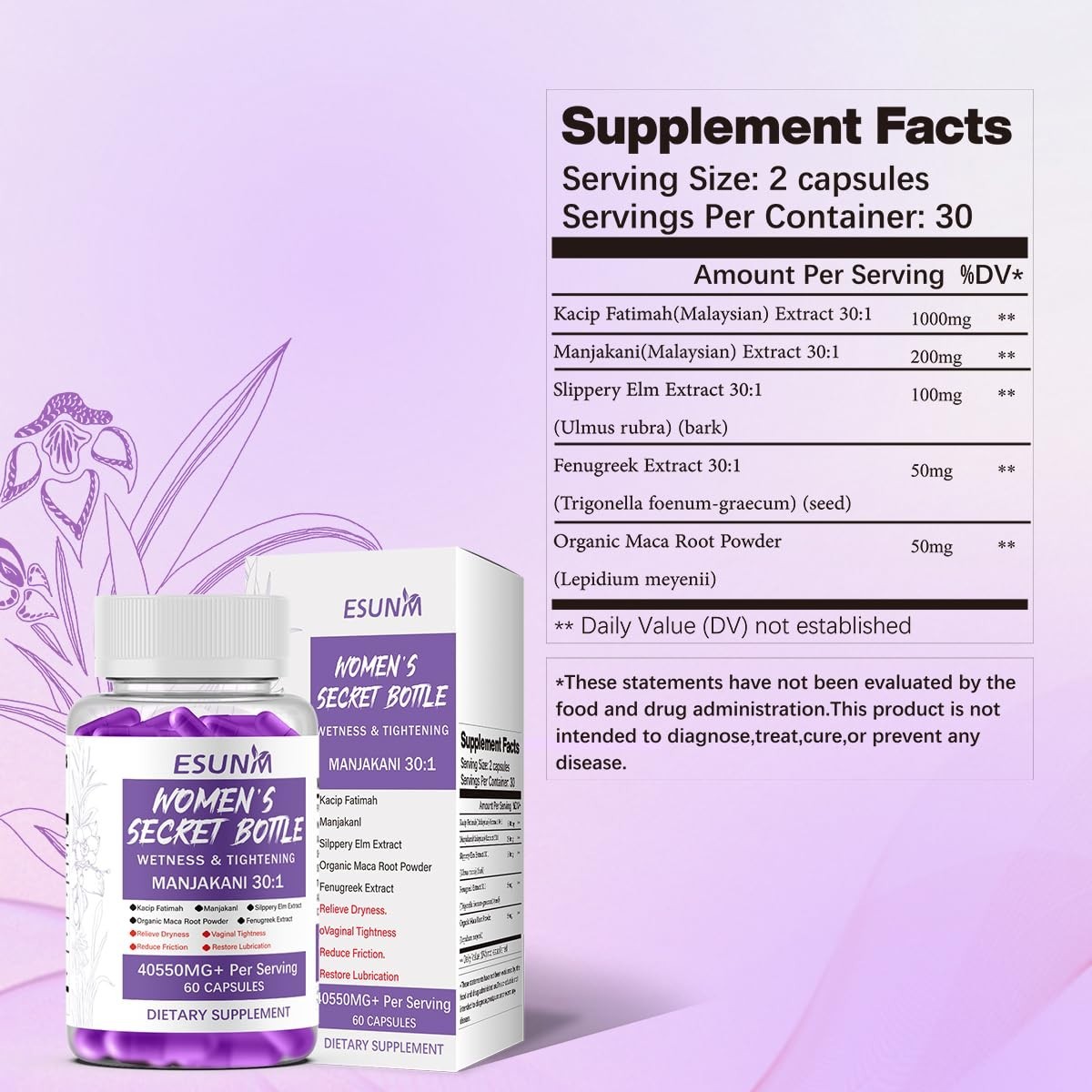 Women’s Feminine Vaginal Moisture Supplement pH Balance Slippery Elm Maca – 60ct