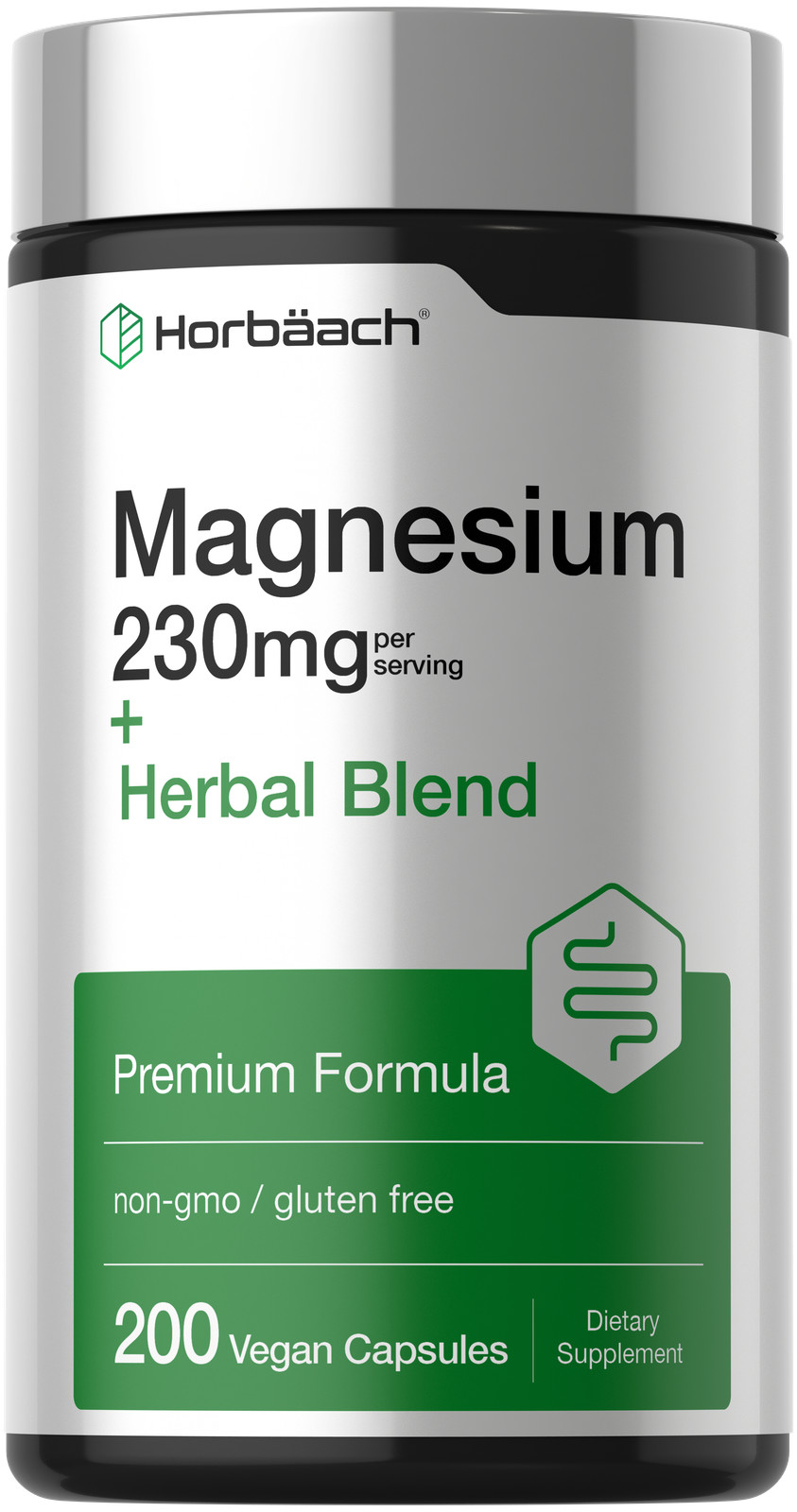 Magnesium Supplement 230mg | 200 Vegan Capsules | by Horbäach