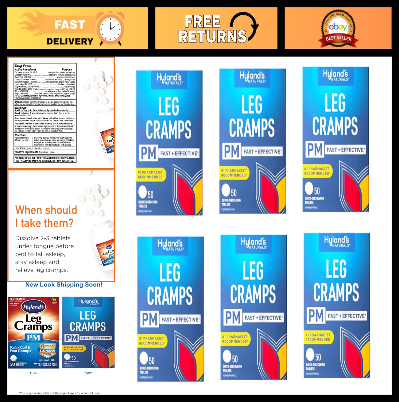 Leg Cramps PM Tablets with Quinine – 50 Count, Pack of 6 for Nighttime Relief