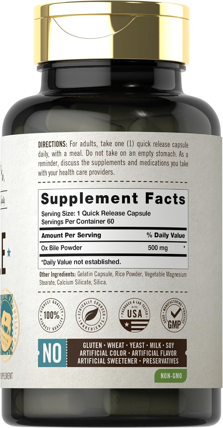 Carlyle Ox Bile Supplement 500mg 60 Capsules Digestive Enzymes Non GMO