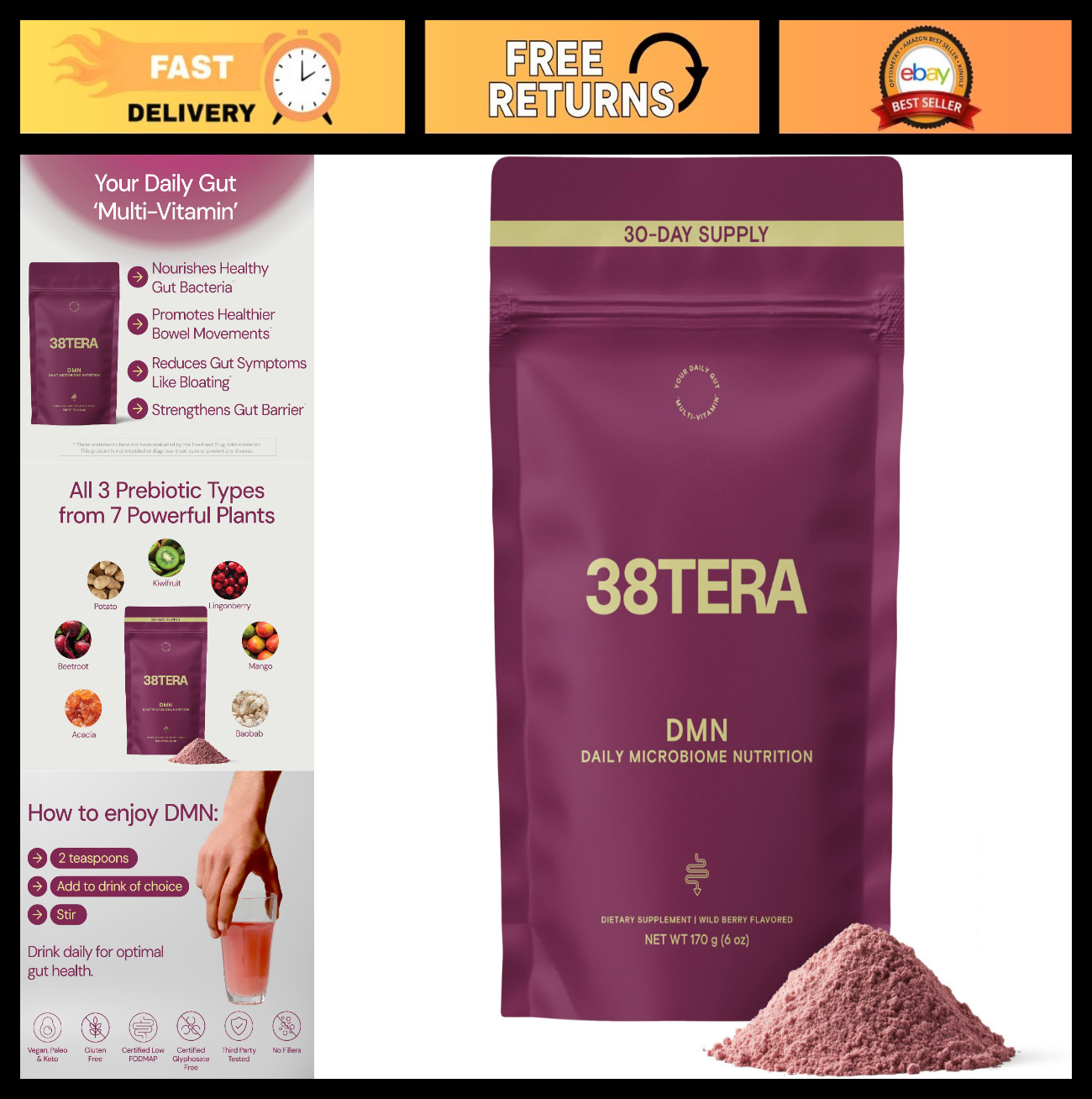 Prebiotic Fiber Powder, Resistant Starch & Polyphenols, Gut Health Support, 6 Oz