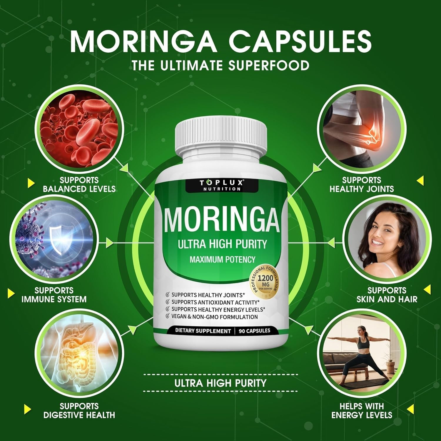 Toplux Moringa Capsules – 3-Pack – 1200mg – 270 Capsules – Vegan, Non-GMO
