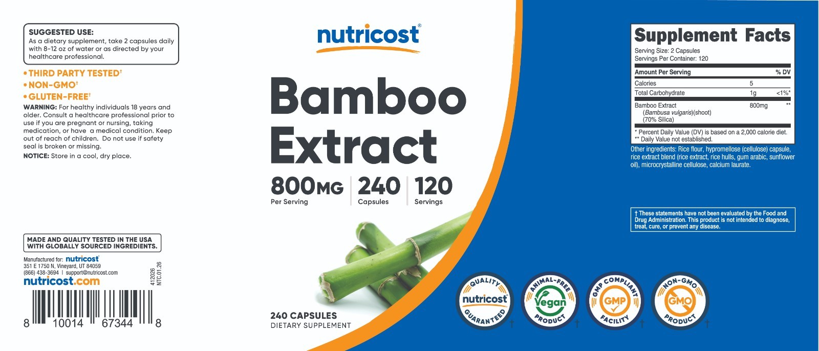 Nutricost Bamboo Extract, 400 mg, 240 Capsules – Vegan, Gluten Free and Non-GMO
