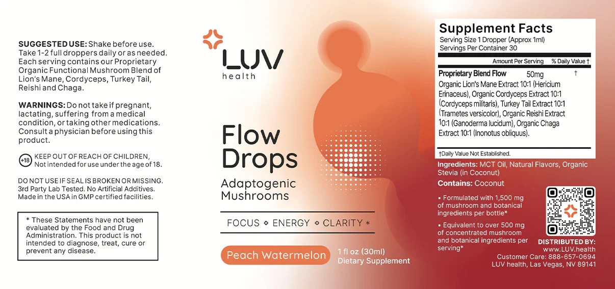 LUV Health Flow Drops – Adaptogenic Mushrooms. Peach Watermelon. 1 fl oz. NISB.
