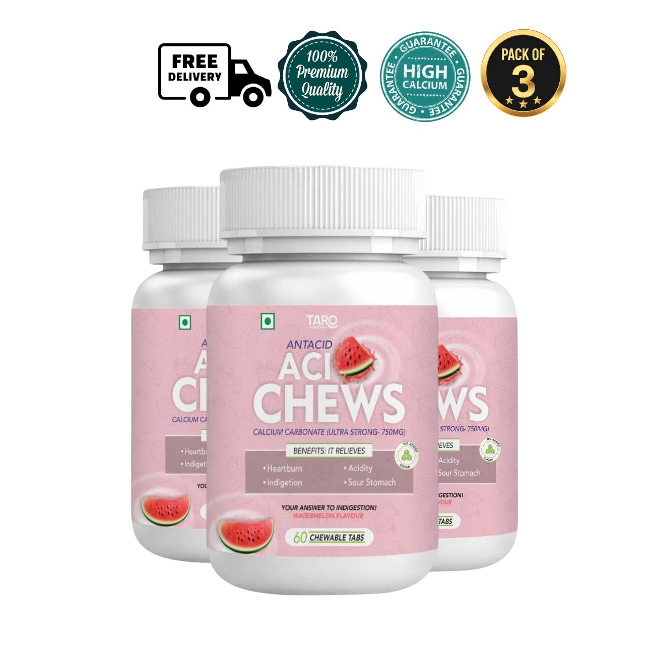3 Pack TAN.ROM AciChews 750mg Calcium Carbonate 60 Chews