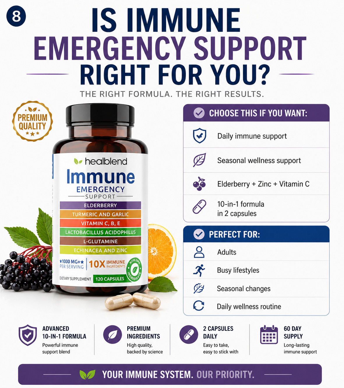 10 in 1 Immune Support Formula Elderberry Vitamin C Zinc Echinacea Ginger 120pc