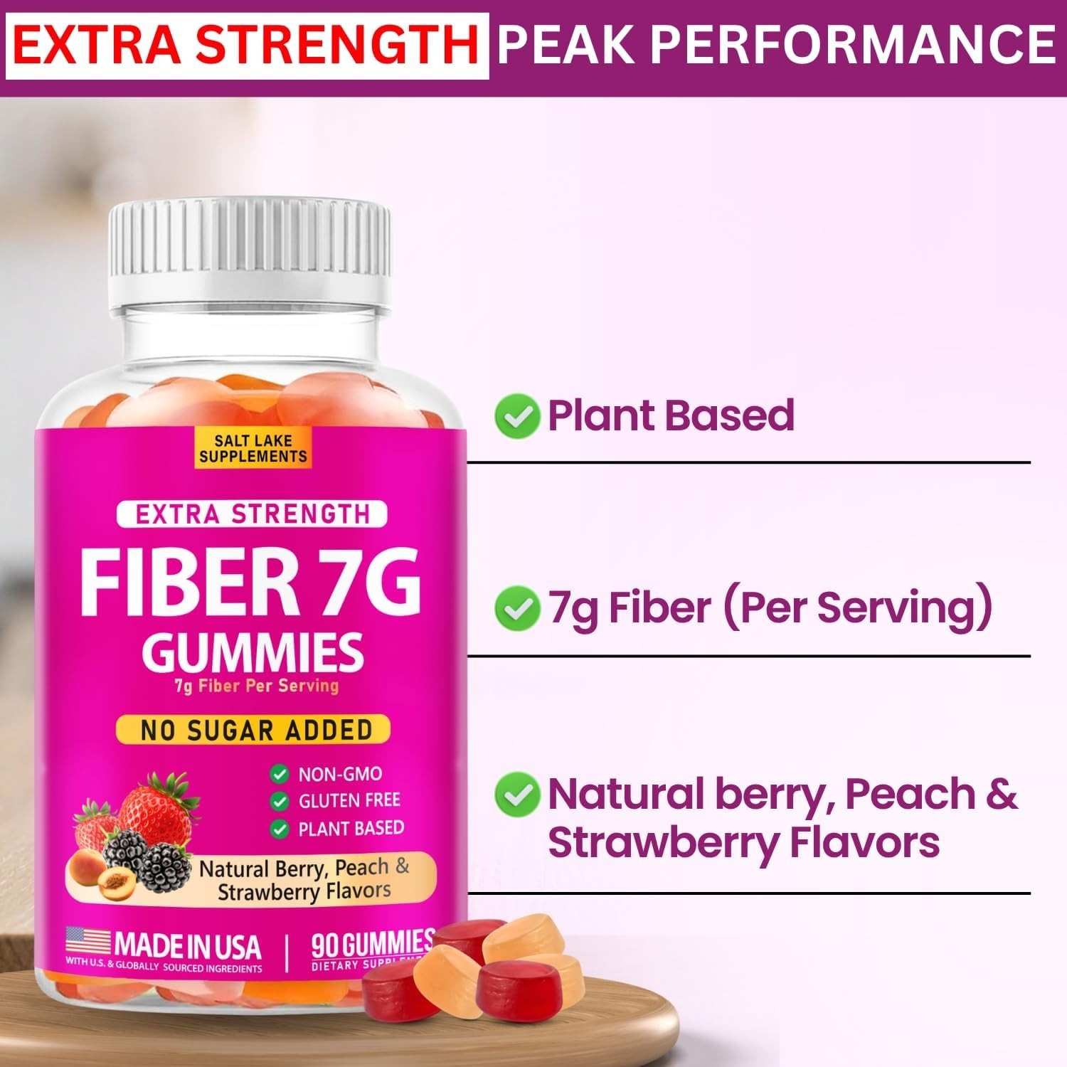 Slat Lake Supplement Extra Strength Fiber Gummies 7g Per Serving – 90 Count